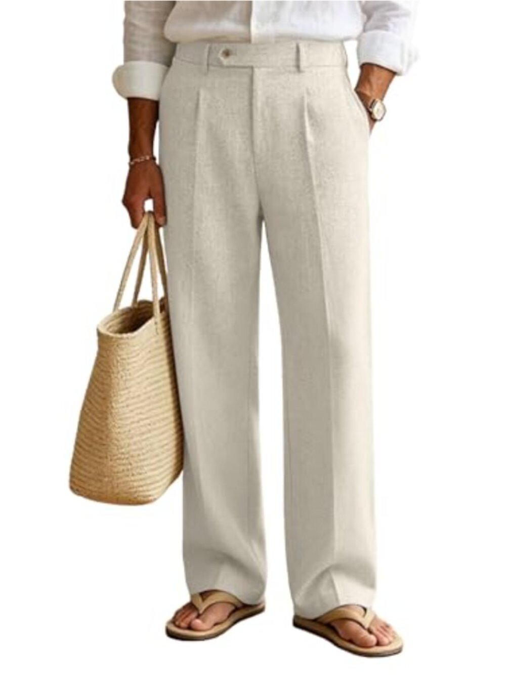 Mens Linen Pleated Baggy Wide Leg Dress Pants with Drawstring Office Trousers